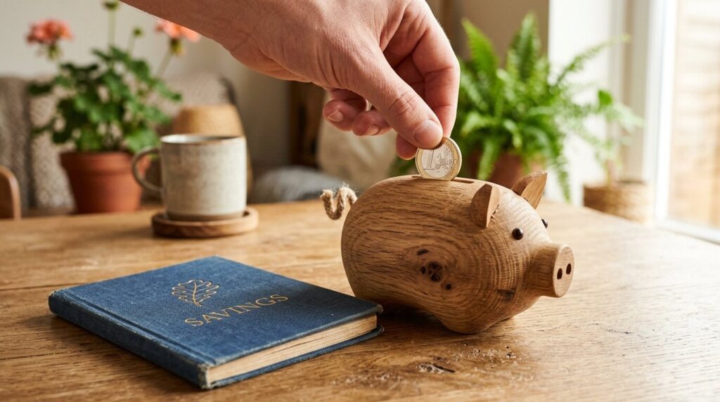 Épargne Livret A tirelire euro Main déposant une pièce d'un euro dans une tirelire en bois