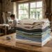Sous-vêtements en coton pliés sur une table en bois dans un atelier textile