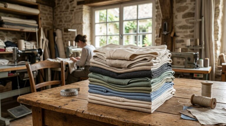 Fabrication textile française sous-vêtements Sous-vêtements en coton pliés sur une table en bois dans un atelier textile