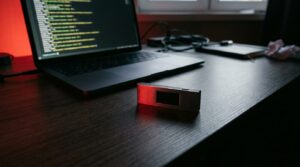 Portefeuille matériel de cryptomonnaie posé près d'un écran affichant du code informatique