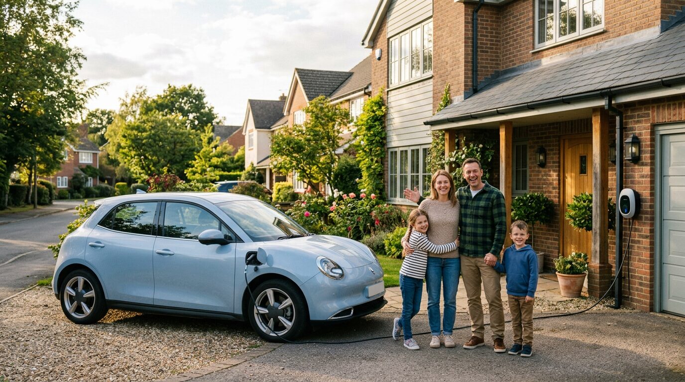 Crédit voiture électrique à 1 % : quelles banques en 2026 ? 4 Famille souriante à côté de sa voiture électrique compacte devant la maison
