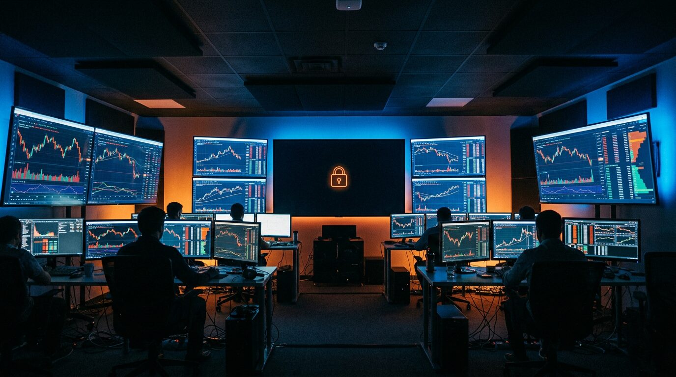 BitMEX ferme ses portes : la fin d'une plateforme crypto historique 1 Écrans de trading crypto dans une salle sombre, symbole de fermeture