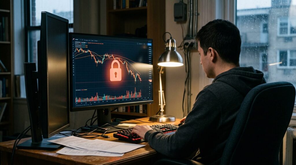 Fermeture plateforme crypto Ecran de trading crypto avec courbes en baisse et icone de fermeture