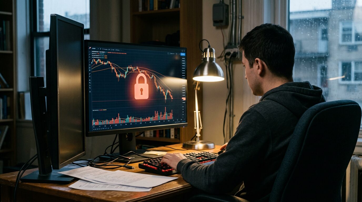Ecran de trading crypto avec courbes en baisse et icone de fermeture
