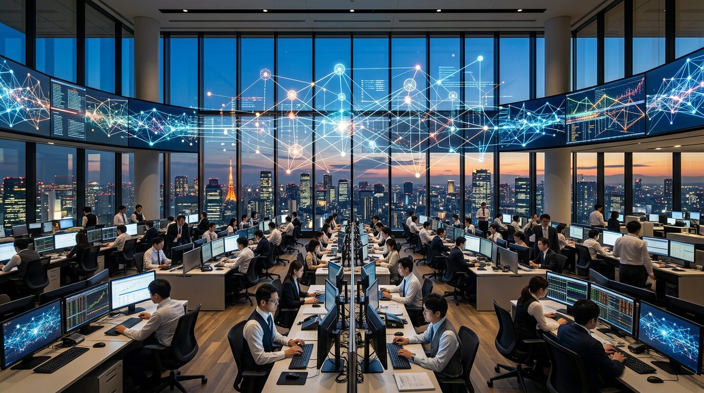 Salle de marché avec visualisation de réseau blockchain et skyline de Tokyo