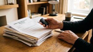 Mains tenant des clés de voiture près de documents bancaires refusés