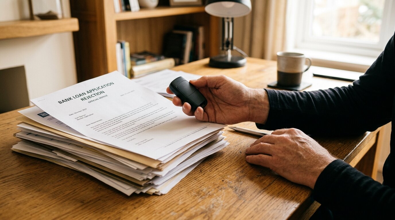 Mains tenant des clés de voiture près de documents bancaires refusés