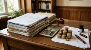 Documents fiscaux, calculatrice et pièces symbolisant la fiscalité du patrimoine