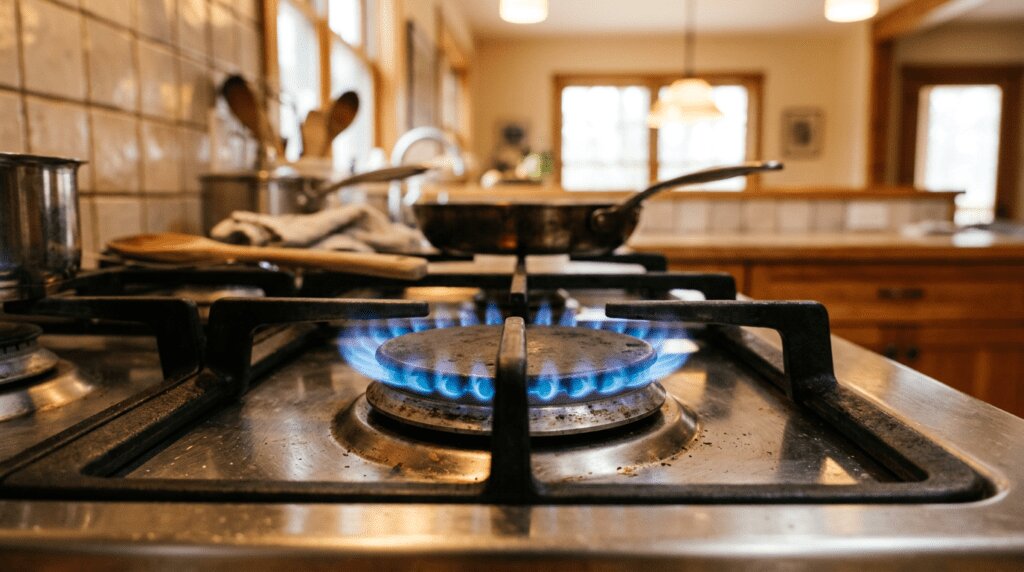 Flamme de gaz sur une cuisinière Flamme bleue d'un brûleur à gaz allumé sur une cuisinière domestique