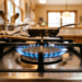 Flamme bleue d'un brûleur à gaz allumé sur une cuisinière domestique