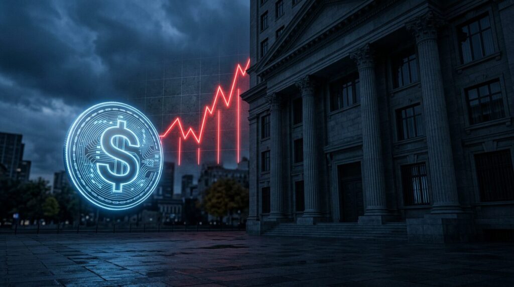 FMI stablecoins crise monetaire Pièce stablecoin symbolique devant une façade bancaire et une courbe de crise