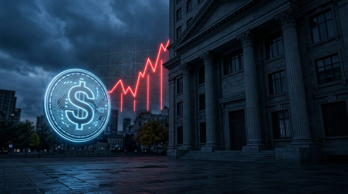 FMI stablecoins crise monetaire Pièce stablecoin symbolique devant une façade bancaire et une courbe de crise