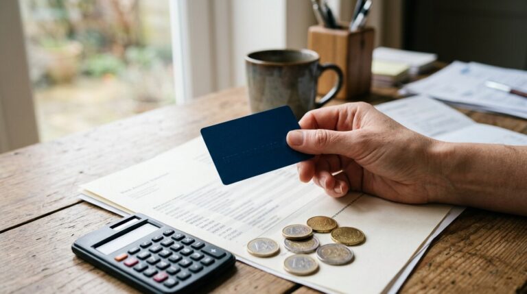 Frais bancaires releve compte Main tenant une carte bancaire près d'un relevé de compte et d'une calculatrice