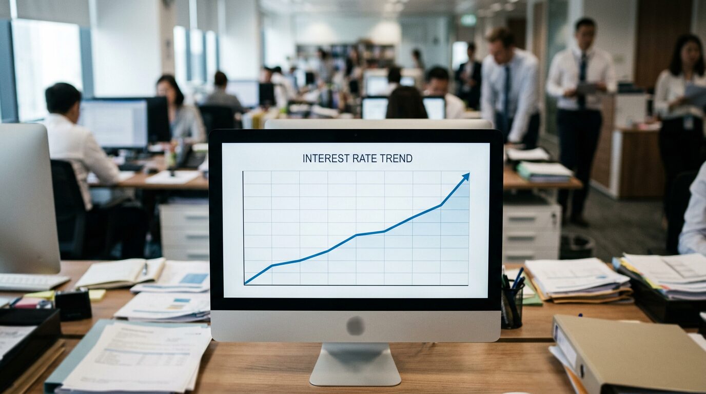 Prêt immobilier : les nouvelles conditions pour l'obtenir en 2026 5 Graphique de taux d'intérêt affiché sur un écran dans un bureau bancaire