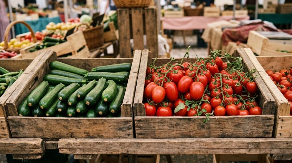 Hausse prix legumes ete Courgettes et tomates fraîches sur un étal de marché en France