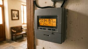 Compteur électrique numérique moderne affichant la consommation dans un couloir résidentiel