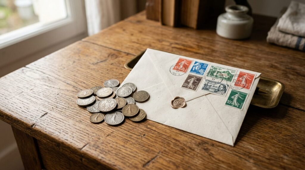 Hausse tarifs timbres La Poste Timbres et enveloppe sur un bureau en bois illustrant la hausse des tarifs postaux