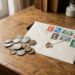 Timbres et enveloppe sur un bureau en bois illustrant la hausse des tarifs postaux