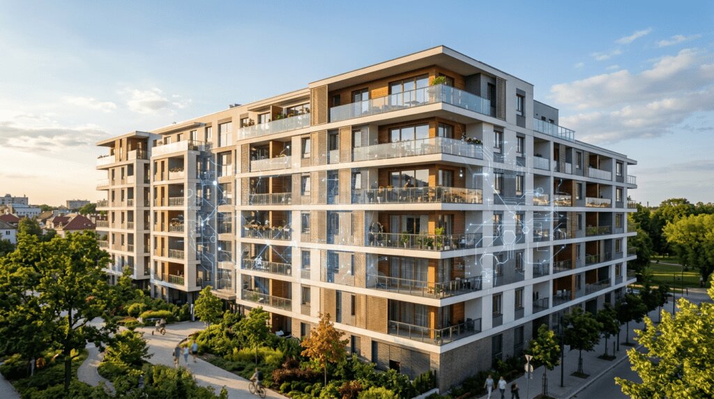 Immobilier tokenisé et blockchain Immeuble résidentiel avec effet numérique symbolisant la tokenisation immobilière