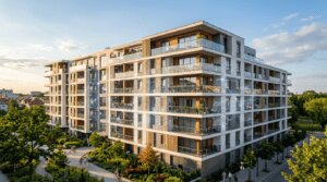 Immeuble résidentiel avec effet numérique symbolisant la tokenisation immobilière