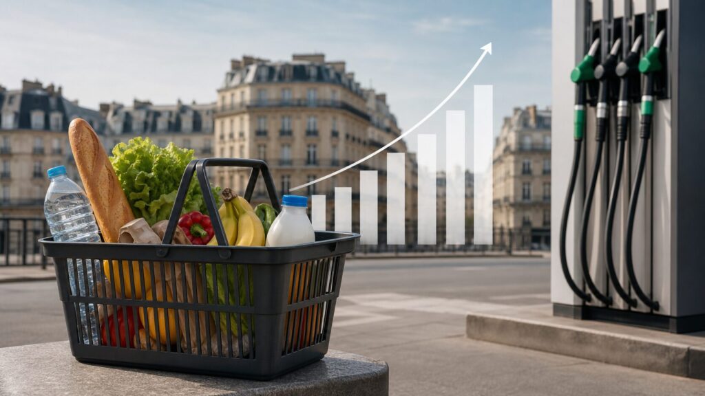 Inflation de juillet en France Panier et pompe illustrant inflation en France
