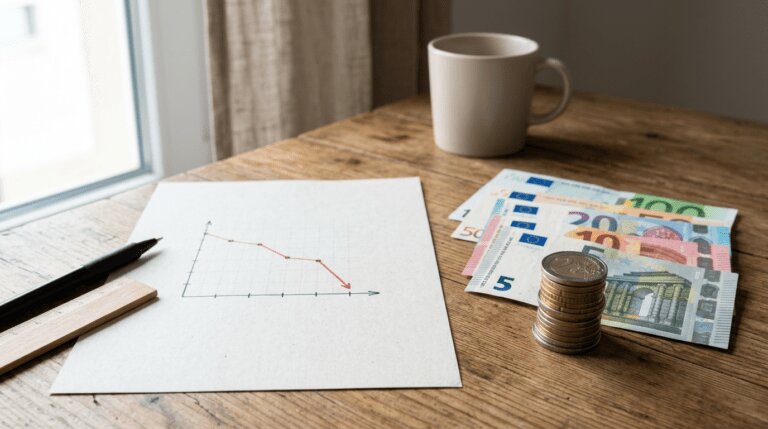 Inflation zone euro juin 2026 Pièces et billets en euros près d'un graphique en baisse illustrant l'inflation