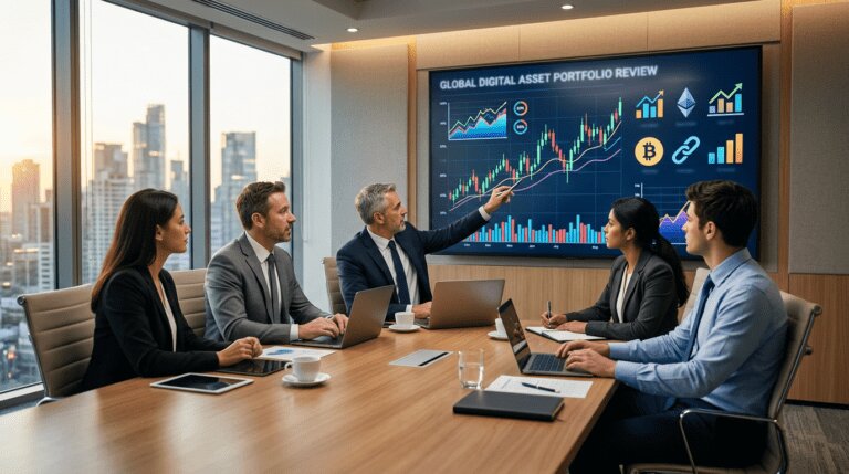 Investisseurs institutionnels et cryptoactifs Réunion de professionnels analysant des données d'investissement en cryptoactifs