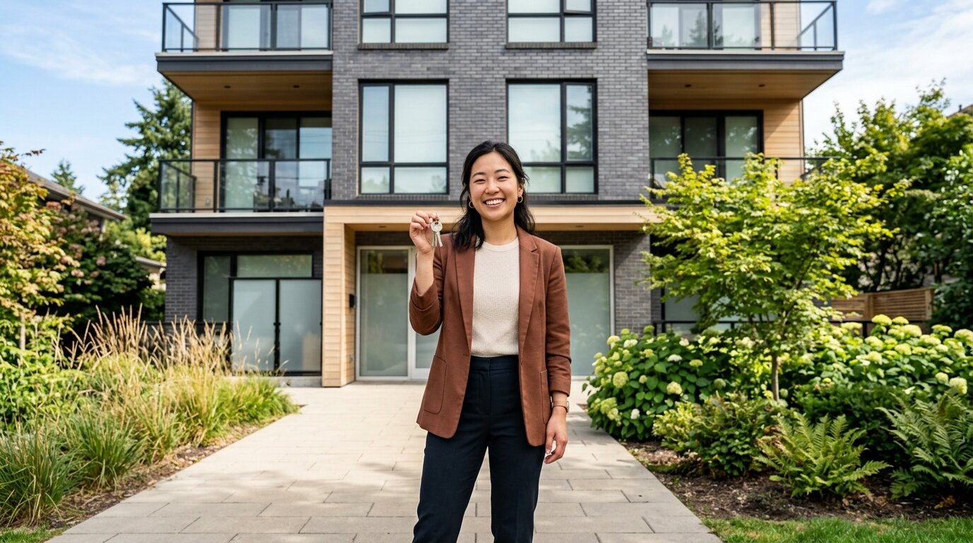Crédit immobilier primo-accédant : comment dépasser les 35 % d'endettement grâce à la dérogation HCSF ? 4 Jeune femme primo-accédante tenant les clés de son premier logement