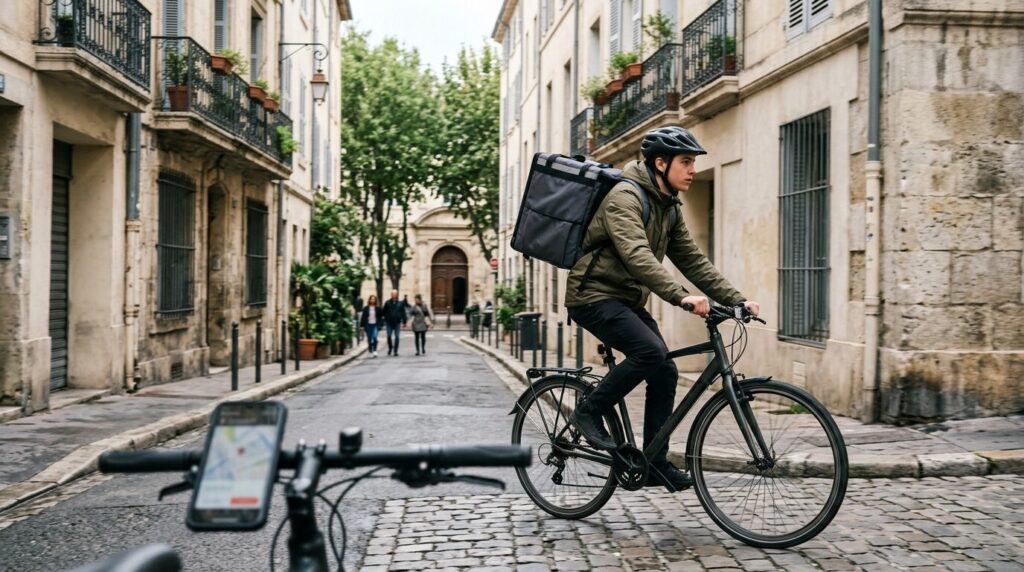 Livreur à vélo en pleine course Livreur à vélo avec sac de livraison traversant une rue urbaine française