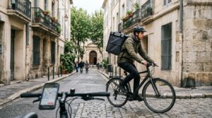 Livreur à vélo avec sac de livraison traversant une rue urbaine française