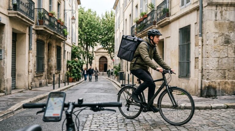 Livreur à vélo en pleine course Livreur à vélo avec sac de livraison traversant une rue urbaine française