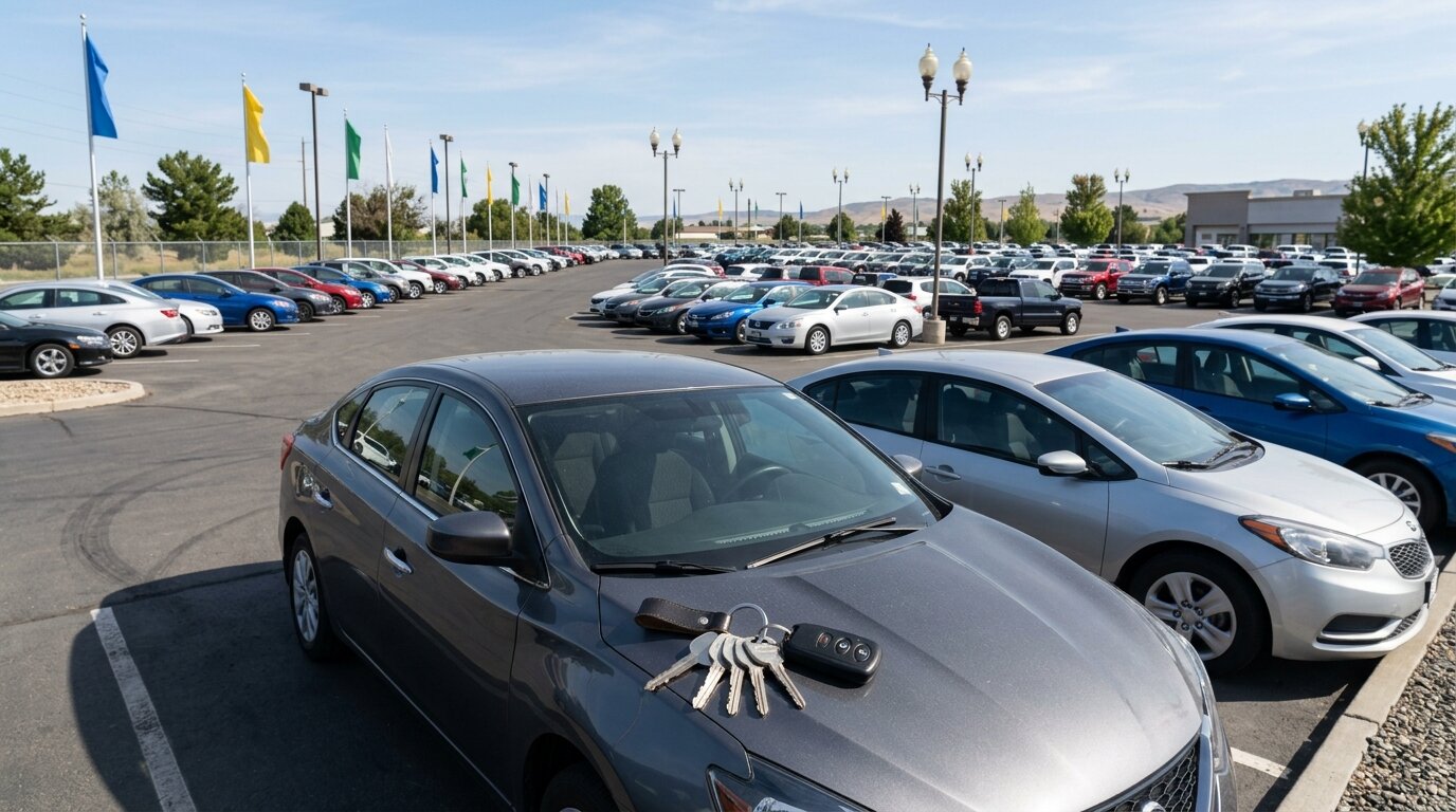 Rangée de voitures sur un parking avec des clés sur le capot
