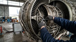 Technicien effectuant la maintenance d'un moteur d'avion civil dans un hangar