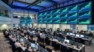 Ecrans de trading affichant des indices boursiers en forte hausse