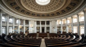 Hémicycle parlementaire russe avec symboles de cryptomonnaie en surimpression