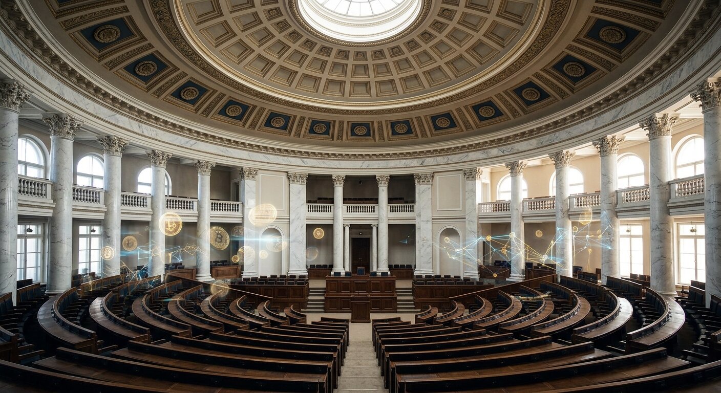 Hémicycle parlementaire russe avec symboles de cryptomonnaie en surimpression