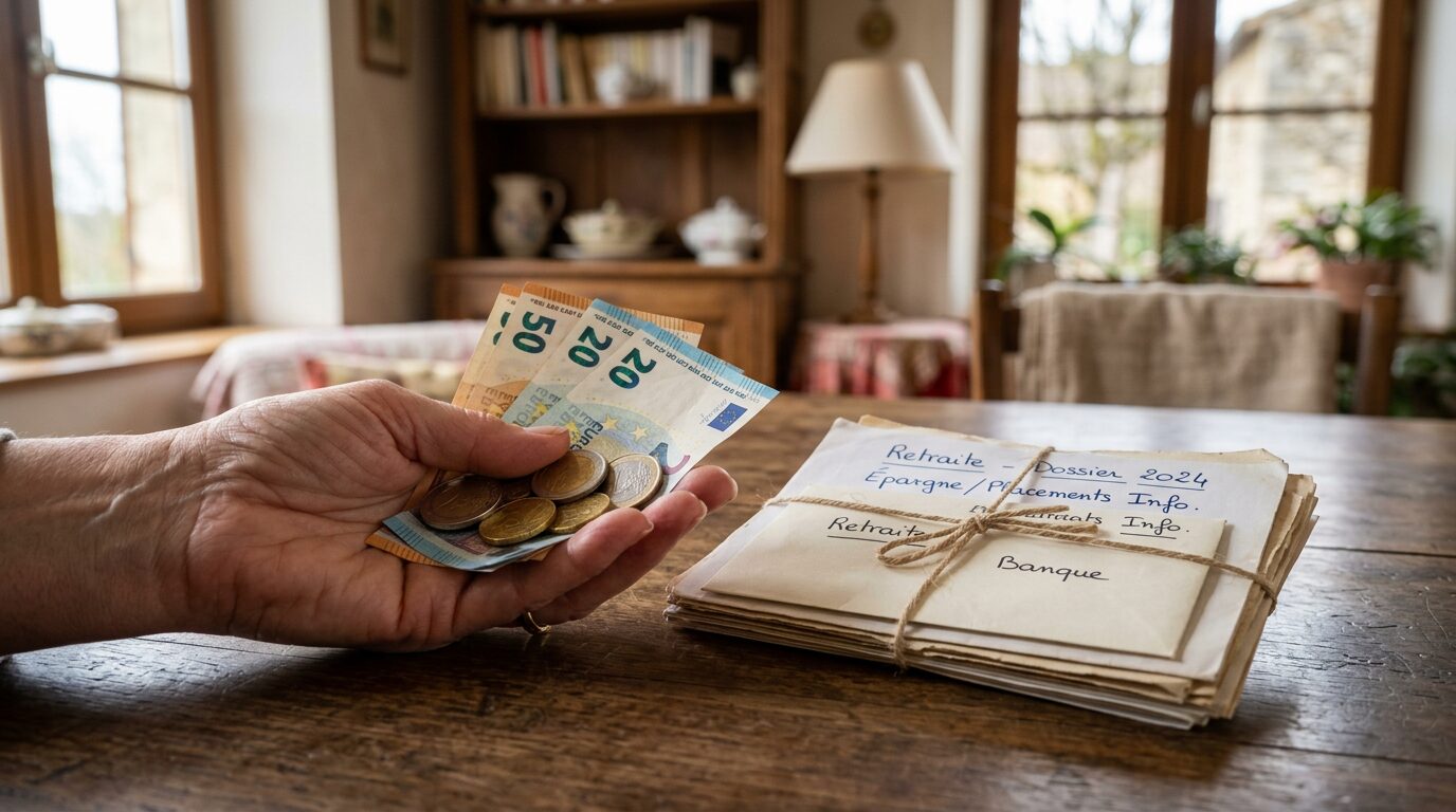 Retraites : sous-indexer les pensions jusqu'en 2030 1 main tenant des pièces et billets en euros près de documents