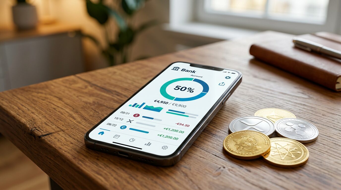 Smartphone affichant une jauge de plafond de dépenses à côté de pièces de cryptomonnaie