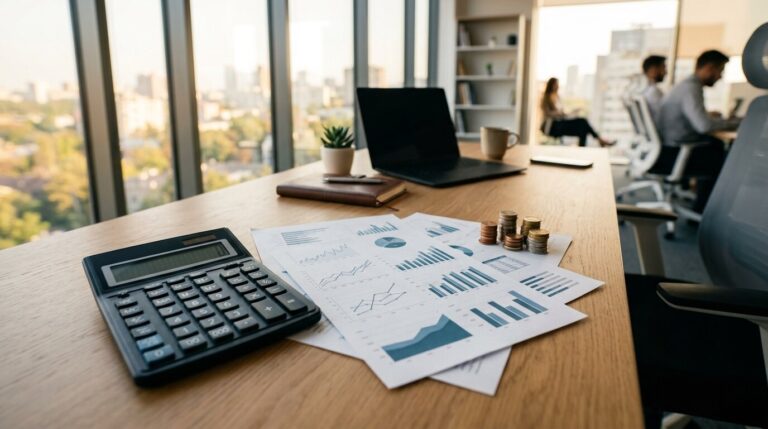 plan d'économies pour le budget national bureau moderne avec calculatrice, documents financiers et pièces pour illustrer le budget national