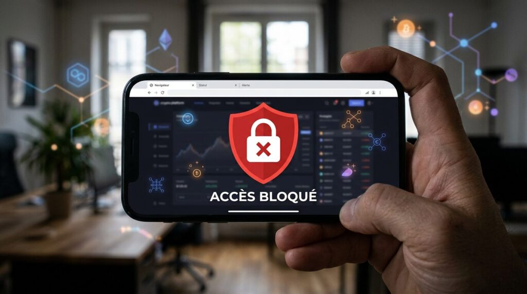 Polymarket bloque France ANJ Écran de smartphone avec cadenas symbolisant le blocage réglementaire d'une plateforme crypto