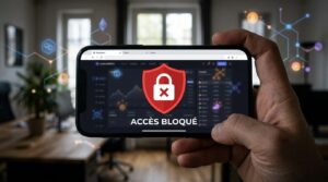 Écran de smartphone avec cadenas symbolisant le blocage réglementaire d'une plateforme crypto