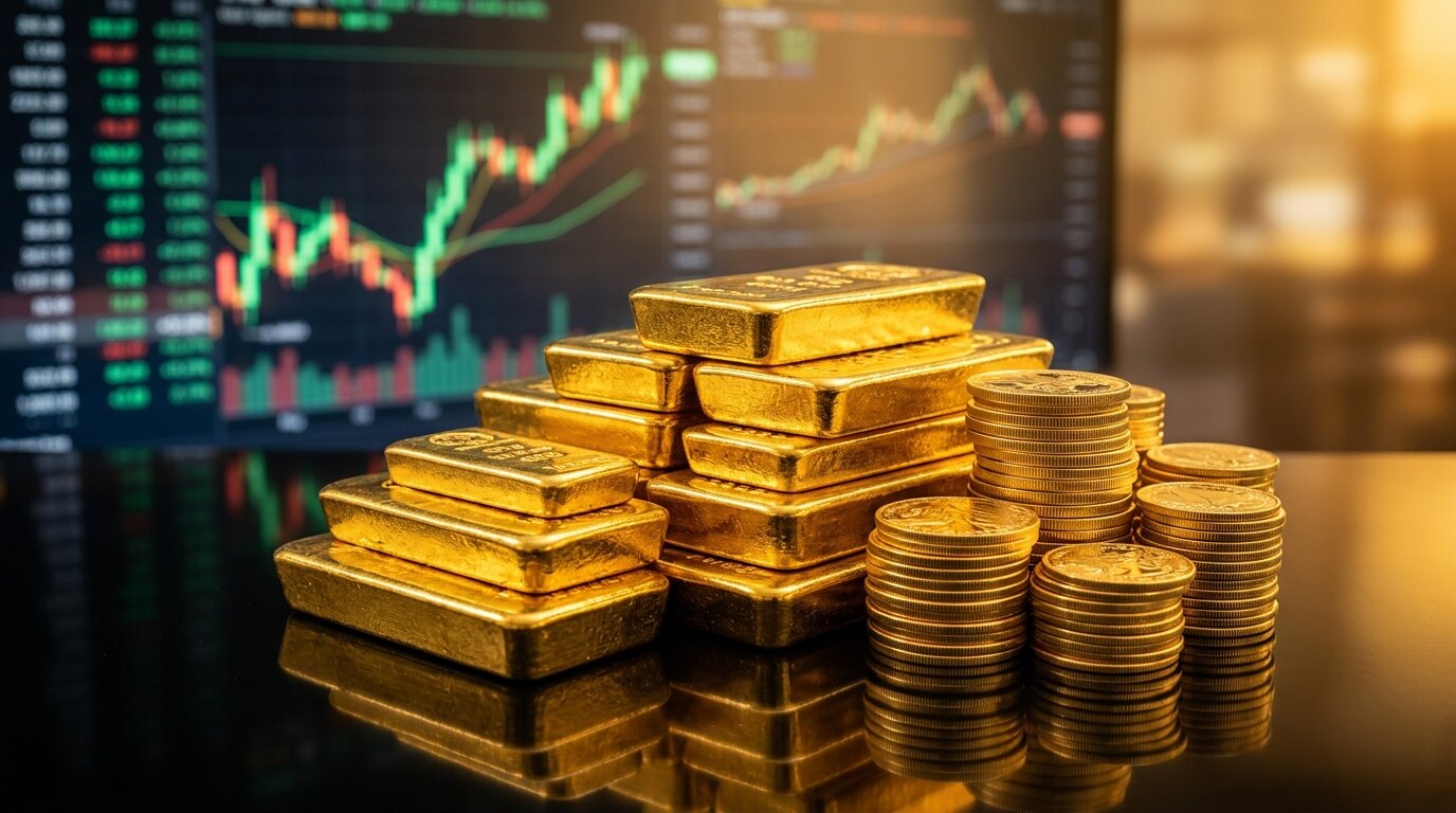 Prevision cours de l'or 2026 Lingots et pièces d'or empilés devant un graphique boursier flou en arrière-plan