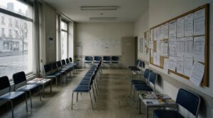 Salle d'attente vide symbolisant la hausse prévue du chômage en France en 2026