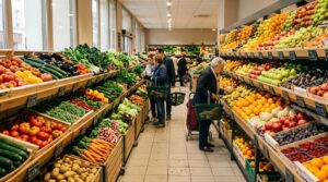 Rayon de fruits et légumes frais dans un supermarché français