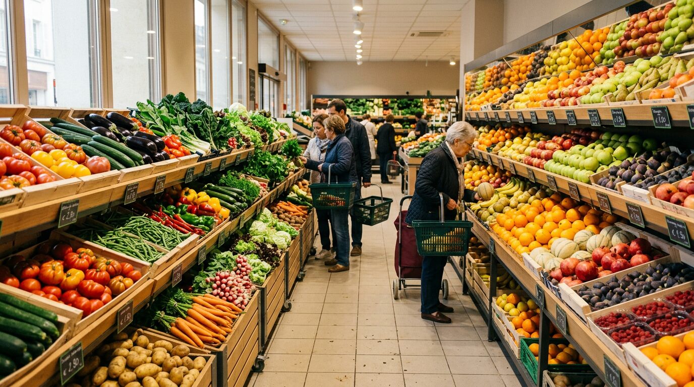 Rayon de fruits et légumes frais dans un supermarché français