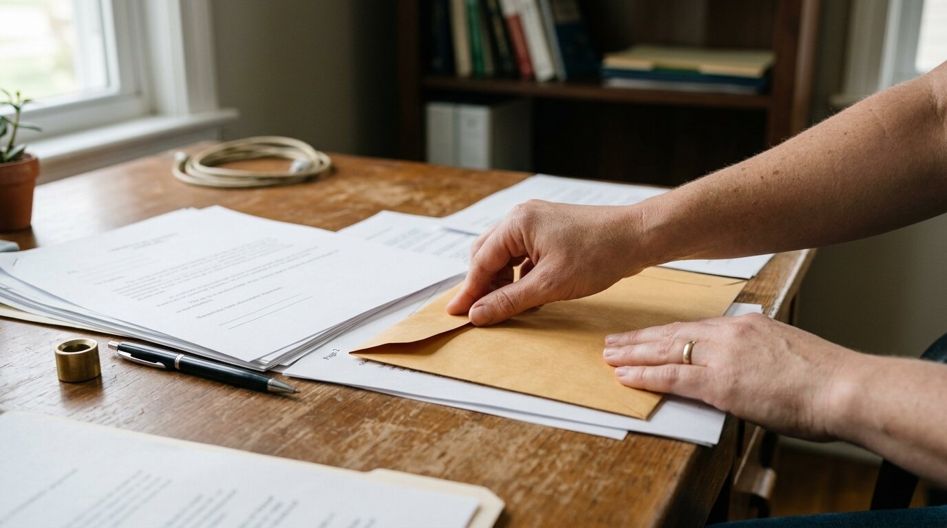 SCPI bloquée : comment récupérer votre argent en 2026 ? 6 Main scellant une enveloppe de courrier recommandé pour une réclamation écrite