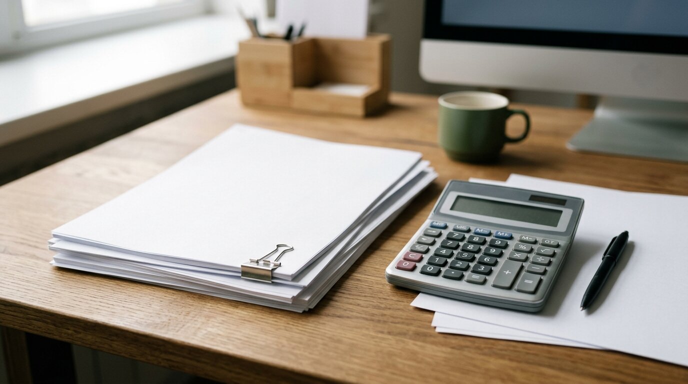 Contrats de prêts empilés à côté d'une calculatrice