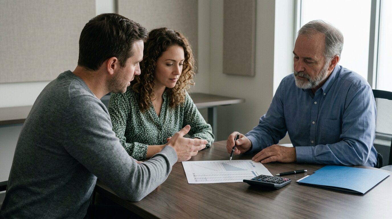 Prêt immobilier : les nouvelles conditions pour l'obtenir en 2026 1 Couple examinant un dossier de prêt immobilier avec un conseiller bancaire