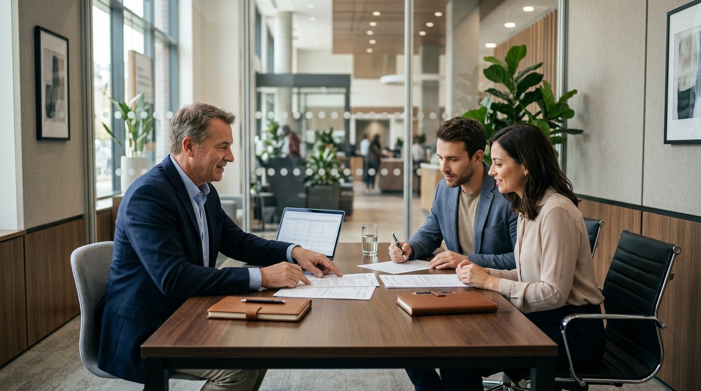 Apport pour un crédit immobilier : combien faut-il vraiment ? 2 Couple en rendez-vous avec un conseiller bancaire pour un prêt