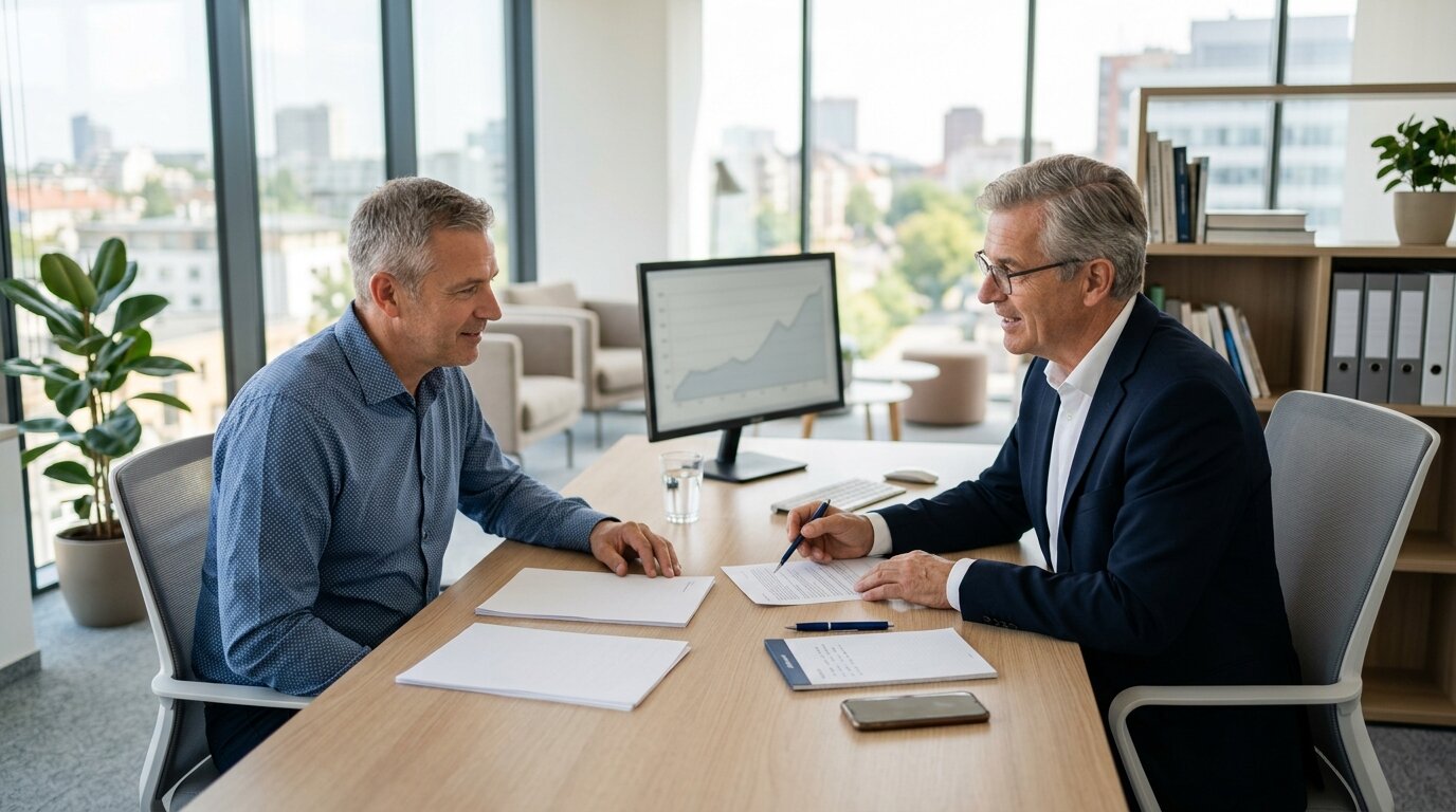 Crédit conso intermittent du spectacle : comment être accepté malgré des revenus irréguliers ? 4 conseiller et client discutant d'un dossier de crédit dans un bureau lumineux